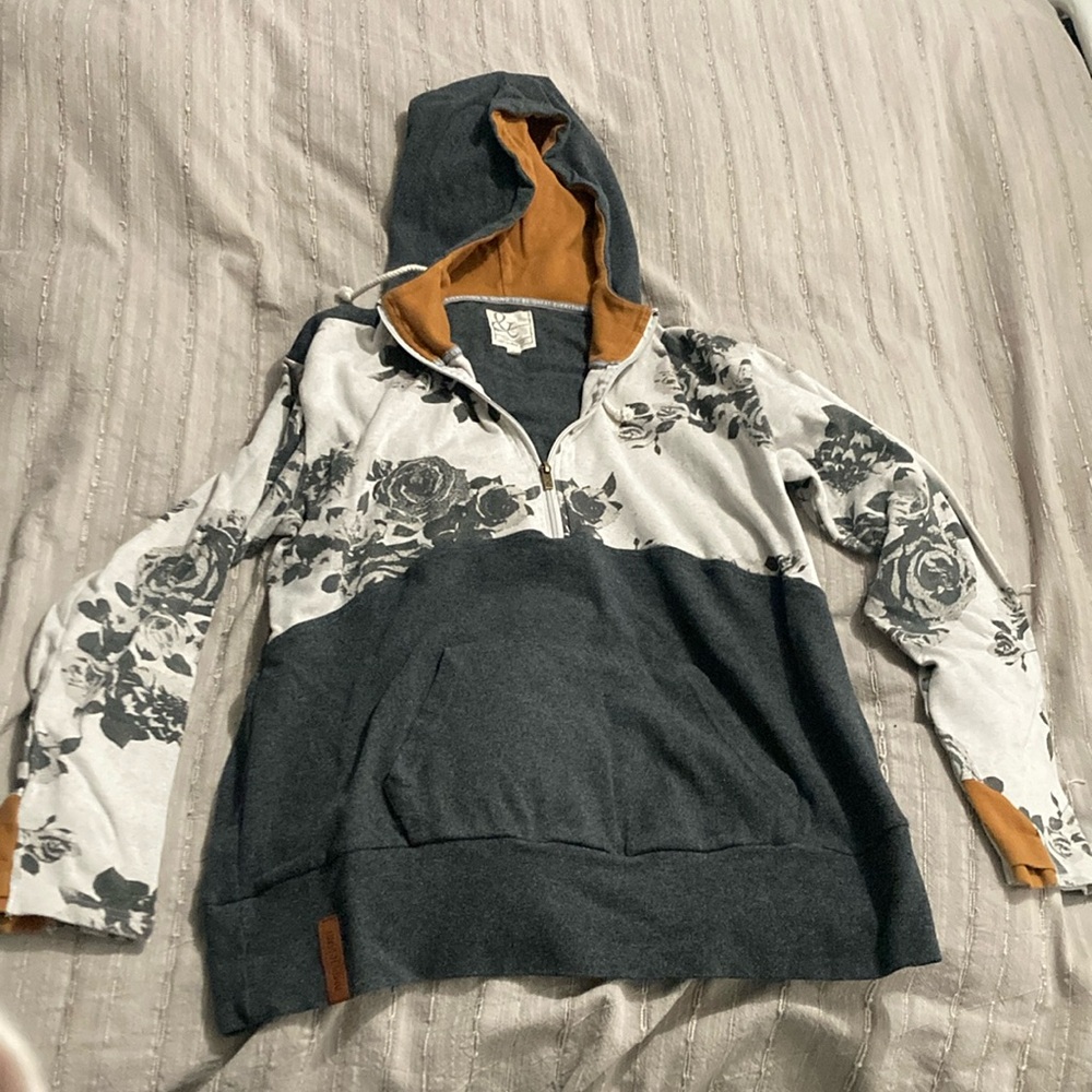 Sweatshirt, grey & rust with floral, 3/4 zip, xxl